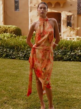 Peppermayo Orange Tie-Dye Halter Backless Midi Dress
